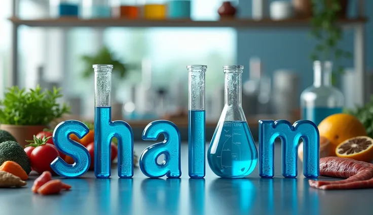 Realistic image, chemical containers that form the word "shalom", Each container must form a letter and each one must contain blue liquid with a gradient., the image must be frontal, There should be all kinds of food around the containers, fruits, Vegetabl...