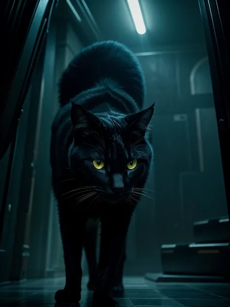 A large black cat, elegant and mysterious, prowling through a futuristic, digital landscape. Cinematic compositions, high-contrast lighting, and a sense of depth and grandeur. Sleek, stylized, and visually striking.

A large black cat, detailed fur, pierci...