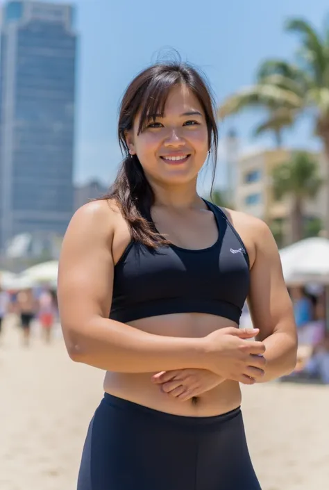 athletic beautiful mid thirties asian female police officer wearing sports bra and police pants on city beach. thick upper arms. photograph. Smiling. 