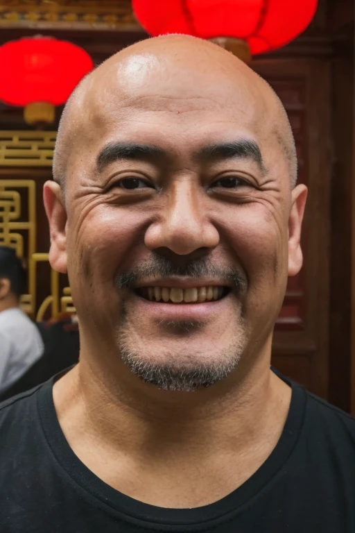 "A close-up portrait of a 6 Chinese man with a round, chubby face, noticeably plump cheeks, and a shiny bald head, resembling a friendly neighborhood uncle. He has large, prominent earlobes that are noticeably big, enhancing his approachable look. His warm...