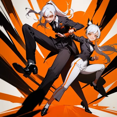 Villainous Woman, sadistic aura, crazy poses with laughter, orange eyes, white hair with ponytail. Outfit striped suit in orange-yellow and black, Black formal pants with orange rounds, black dress shoes with orange stripes. Background aggressive brush str...