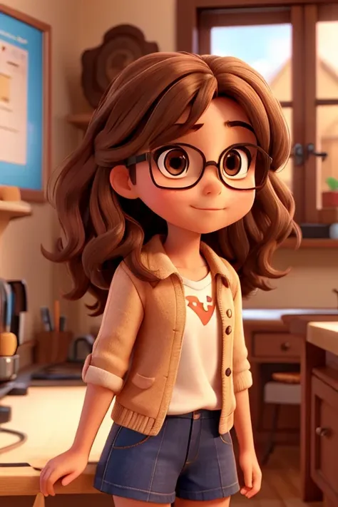 girl with brown eyes, glasses, brown wavy hair and cute cheeks, fair skin, hair divided in half medium to large size