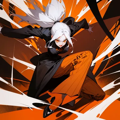 Villainous Woman, sadistic aura, crazy poses with laughter, orange eyes, white hair with ponytail. Outfit striped suit in orange-yellow and black, Black formal pants with orange rounds, black dress shoes with orange stripes. Background aggressive brush str...