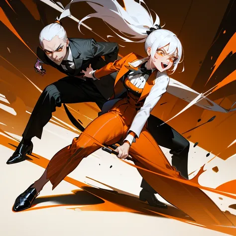 Villainous Woman, sadistic aura, crazy poses with laughter, orange eyes, white hair with ponytail. Outfit striped suit in orange-yellow and black, Black formal pants with orange rounds, black dress shoes with orange stripes. Background aggressive brush str...