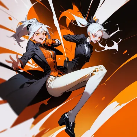 Villainous Woman, sadistic aura, crazy poses with laughter, orange eyes, white hair with ponytail. Outfit striped suit in orange-yellow and black, Black formal pants with orange rounds, black dress shoes with orange stripes. Background aggressive brush str...