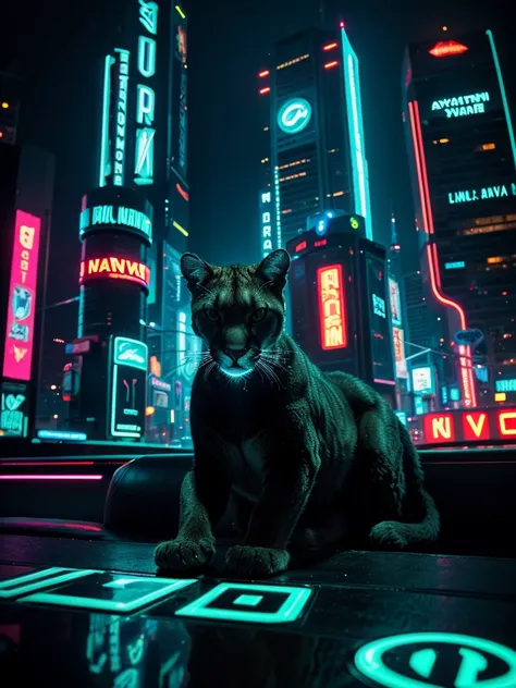 a close-up picture of a cougar in the futuristic cyberpunk neon tron world, cyberpunk city landscape, detailed intricate archite...