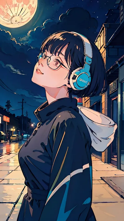 anime　girl　Black Hair　Glasses　smile　Headphones　Short　night景がきれいなカフェ　 night　A big moon and a starry sky　Looking up at the sky