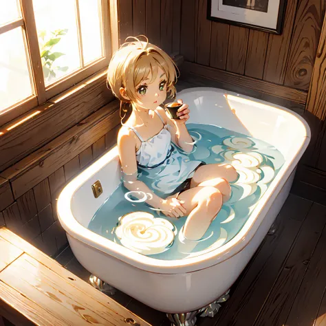 Calculating the minimum deformation, cute, One Girl, In a coffee cup bathtub, Pour in warm milk, Relaxing like a bath, steam, Break realistic coffee shop background, Rough,A girl soaking in a latte art bath,Drinking coffee