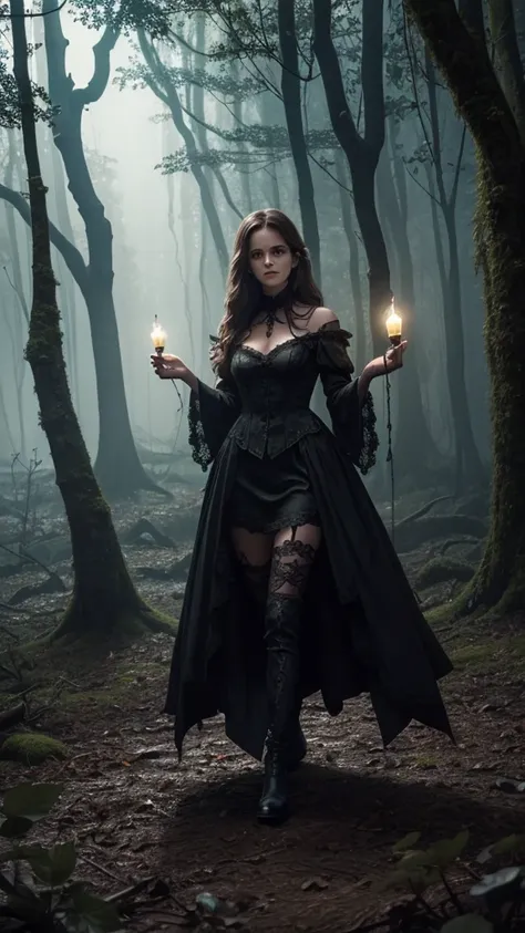 concept: (emma watson) in a gothic fantasy setting, ding dark, mystical elements with elegant fashion.background:setting: an anc...