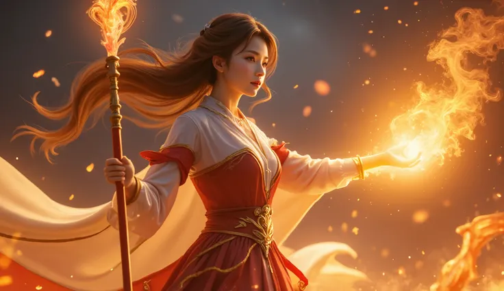 MAYRINE, a fire mage, has a beautiful Korean-style face, brown-red hair, and wears a mage outfit from a famous MMO game. Her left hand holds a legendary fire staff. Her other hand has flames floating like a fireball, amazing lighting.