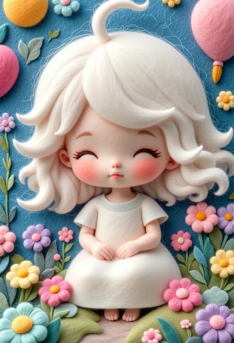 A delicate felt painting：Happy little kid，Fluffy and soft long hair。bust。Dreamy and beautiful。