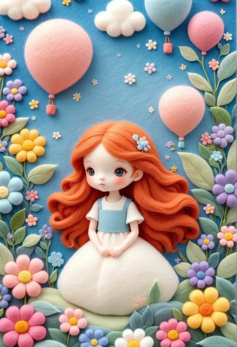 A delicate felt painting：Happy little kid，Fluffy and soft long hair。bust。Dreamy and beautiful。