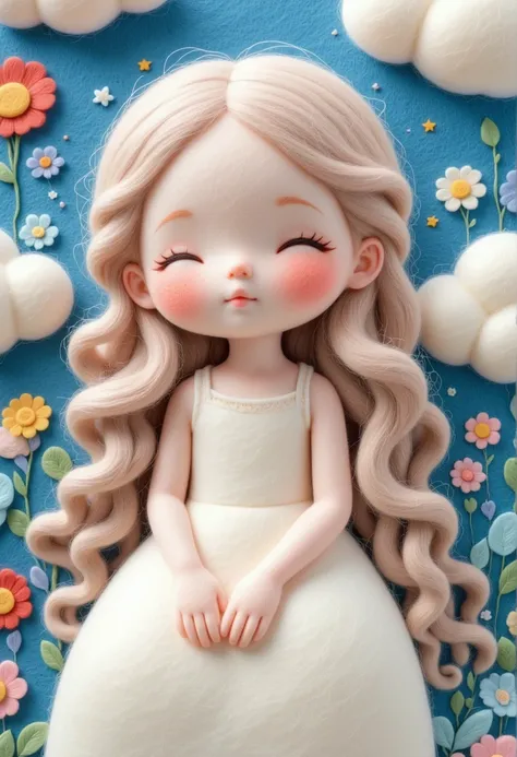 A delicate felt painting：Happy little kid，Fluffy and soft long hair。bust。Dreamy and beautiful。