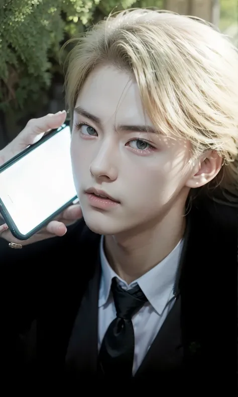 Korean guy with cell phone in hand and green background, delicate androgynous prince, Tall guy with blue eyes, Beautiful androgynous prince, looking at his phone, johan liebert mixed with alucard, handsome guy, He has a penetrating gaze, Accurate represent...