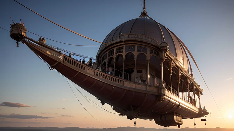 Photo of a flying steampunk airship, It&#39;s powered by an incredible combination of gears and turbines.，Steam comes out of the turbine，Below you, a steampunk city unfolds.