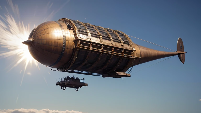 Photo of a flying steampunk airship, It&#39;s powered by an incredible combination of gears and turbines.，Steam comes out of the turbine，Below you, a steampunk city unfolds.