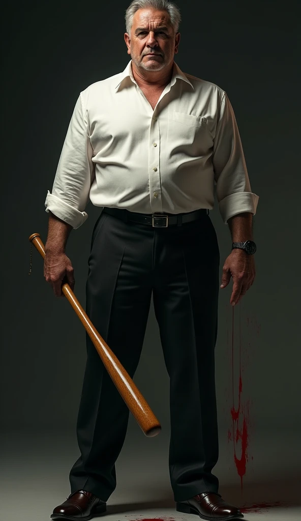 (masterpieces, best quality, ultra-detailed), mafia boss, full body shot, low angle shot, shot from ground level, the man is 50 years old, elegant and strong, wearing suit trousers, patent leather shoes, white shirt with rolled up sleeves, holds a bloody b...