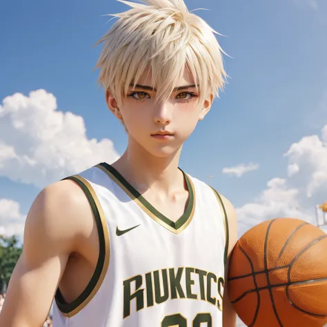 Masterpiece, anime CG, boy, white spiked short hair, wheat-colored skin, muscles, sports boy, wearing basketball uniform, smooth texture, silk texture , golden pupils, perfect eyes  