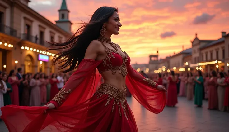 In the center of a busy city square, at dusk, with red-orange and pink colors in the sky of fluffy clouds, (((There is a mature-aged woman, with long black hair, beautiful, a little chubby, who dresses a belly dance costume, and she dances very gracefully,...