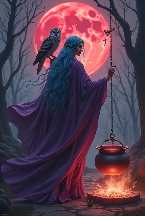 Give her a purple robe long flowing bluish hair, owl on her shoulder, stirring a large bubbling cauldron thats hanging over a fire pit. A blood red full moon in the background