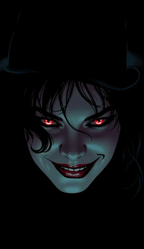 (Best illustrations:2.0),Crazy Smile,Evil Villain,Vector art, 大きな笑顔を浮かべたマフィアのwomanボス,woman,Mafia boss&#39;s face illuminated in the dark,hat,(Artistic Rendering),(Simple design:2.0)