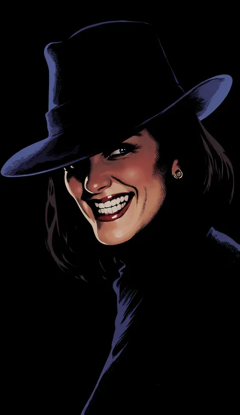 (Best illustrations:2.0),Crazy Smile,Evil Villain,Vector art, 大きな笑顔を浮かべたマフィアのwomanボス,woman,Mafia boss&#39;s face illuminated in the dark,hat,(Artistic Rendering),(Simple design:2.0)