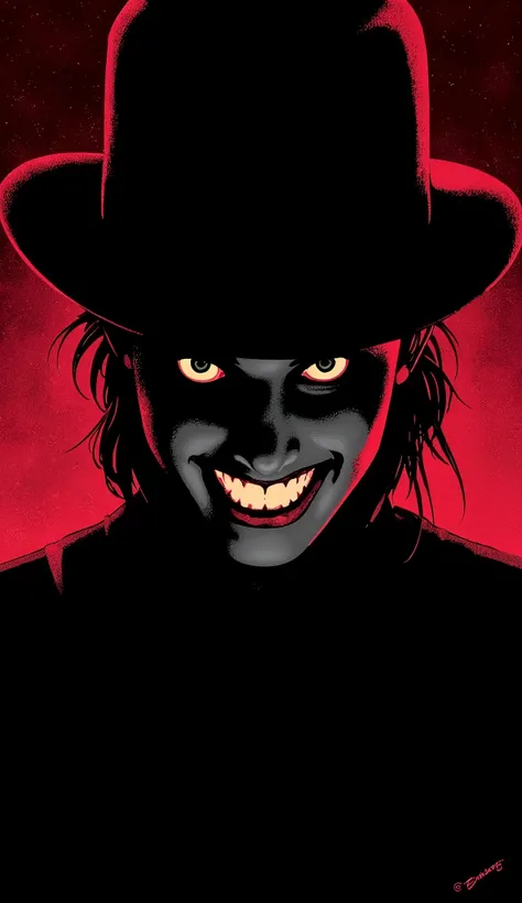 (Best illustrations:2.0),Crazy Smile,Evil Villain,Vector art, 大きな笑顔を浮かべたマフィアのwomanボス,woman,Mafia boss&#39;s face illuminated in the dark,hat,(Artistic Rendering),(Simple design:2.0)