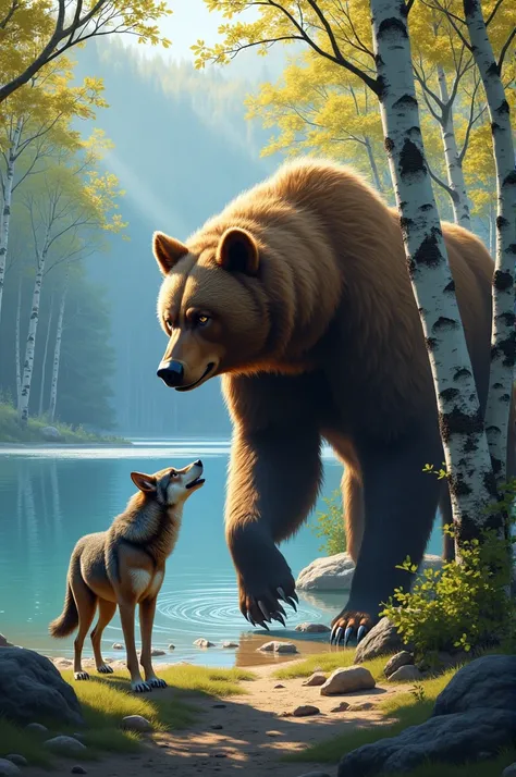 Draw a wolf with a bear on a birch lake