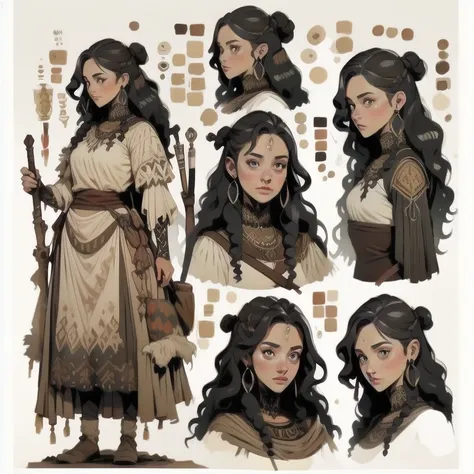 a white woman, full body, waterpaint style, character sheet, medieval, long hair, neutral pose