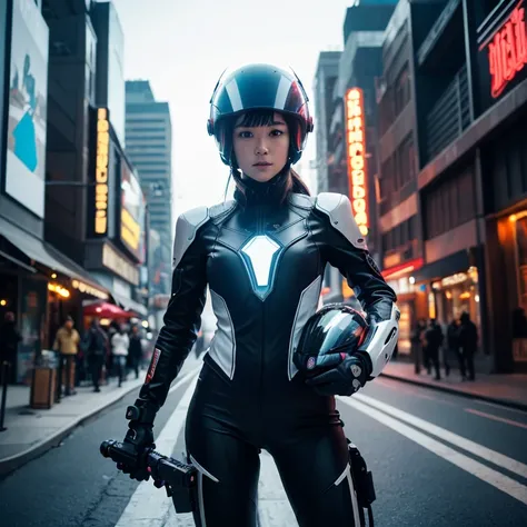 a highly detailed portrait of 1 girl in a futuristic city, wearing a black and white mechanical suit, a mechanical helmet, holding a game controller, riding a motorcycle, under advanced lighting, (best quality,4k,8k,highres,masterpiece:1.2),ultra-detailed,...