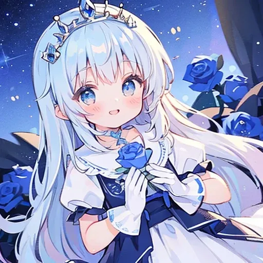 Blue Rose Princess, Blue Rose, 1 female, Silver Hair, Shiny Hair, Long Hair, blue eyes, Big Eyes, Silver Tiara, Long Dress, Blue Ribbon, Shiny Dress, Puff sleeves, short, Fluffy white gloves, Place a glowing Blue Rose in both hands, smile, kind, sacred, Li...