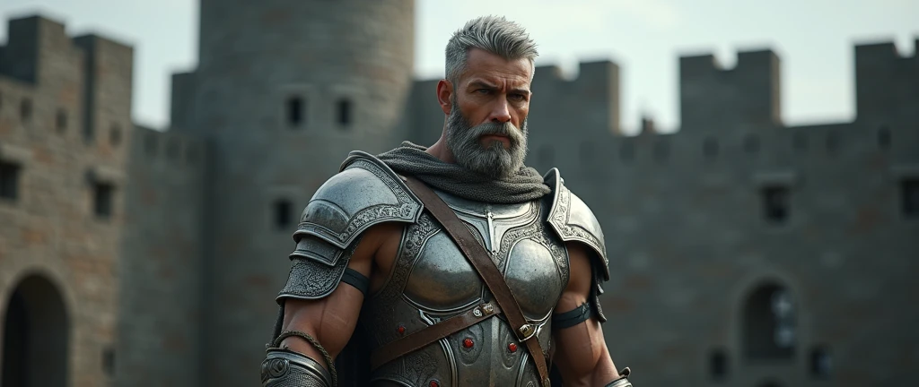 Young male, in his 30s, toned body, muscular, athletic body, full body, silver hair and short silver beard, lilac eyes, beautifully detailed render, post-processing, portrait, extremely hyper-detailed, intricate, epic composition, cinematic lighting, maste...