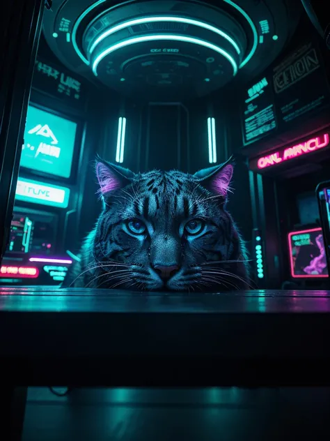 A close-up picture of a big cat in the futuristic cyberpunk neon tron world, cyberpunk city landscape, detailed intricate architecture, glowing neon lights, dramatic lighting, moody atmosphere, cinematic composition, vibrant colors, 8k, photorealistic, mas...