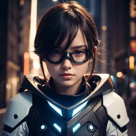 Highly detailed portrait of a girl in a futuristic city, Wearing a black and white mechanical suit, Mechanical Goggles, Ride a futuristic black full-cowl motorcycle, Under high lighting, (Best Quality,4K,8k,High resolution,masterpiece:1.2),Super detailed,(...