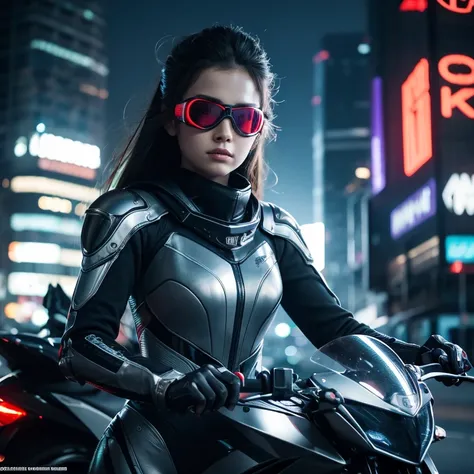 Highly detailed portrait of a girl in a futuristic city, Wearing a black and white mechanical suit, Mechanical Goggles, Ride a futuristic black full-cowl motorcycle, Under high lighting, (Best Quality,4K,8k,High resolution,masterpiece:1.2),Super detailed,(...