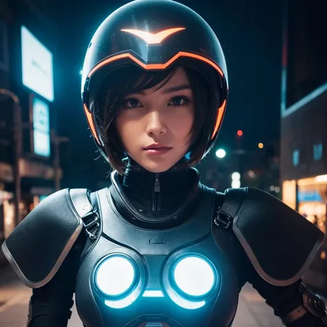 Highly detailed portrait of a girl in a futuristic city, Wearing a black and white mechanical suit, Mechanical Goggles, Ride a futuristic black full-cowl motorcycle, Under high lighting, (Best Quality,4K,8k,High resolution,masterpiece:1.2),Super detailed,(...