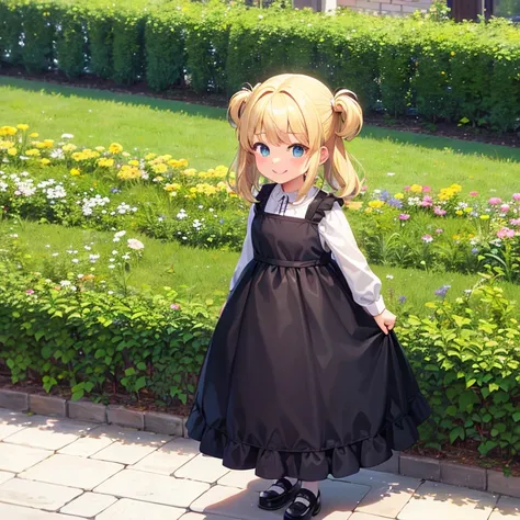 {1.5 feet height} , big cute smile, extremely cute girl, {cute little baby girl} { kid}, standing, looking at viewers, front facing, blonde hair, cute face, green eyes, garden background