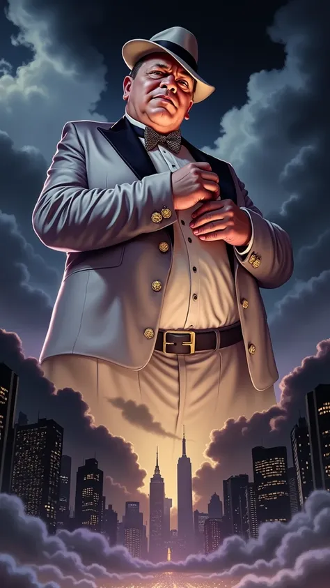 Create a dramatic, low-angle image of a powerful mafia boss towering over the city skyline beneath him, giving the impression of dominance and control over the urban landscape. The mafia boss is fat white man, large and imposing, dressed in an elegant whit...