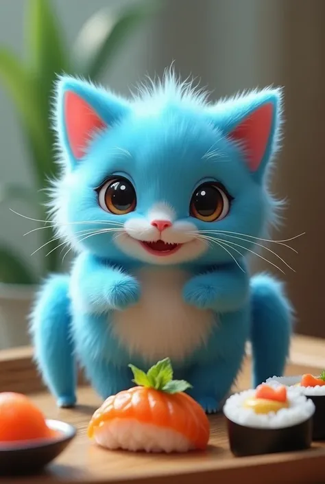 Bugcat Capoo,as a real bugcat,blue cat with 6 legs,adorable, eating sushi,small cat ears,round eyes,big jaws,delight