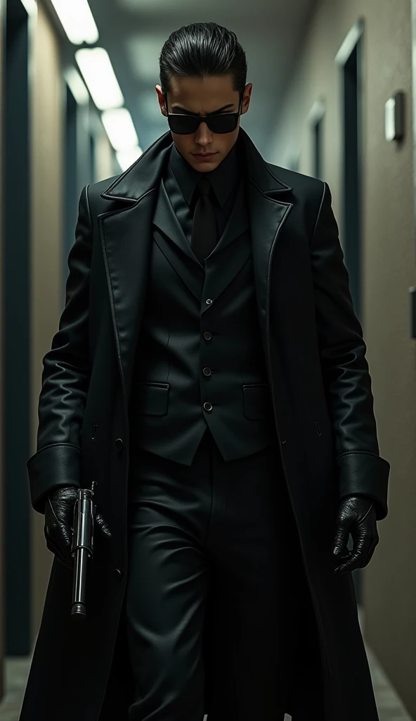 Young Mafia Killer in Leather Suit with Leather Coat, Leather Gloves, Sunglasses, Business Shoes, Gun