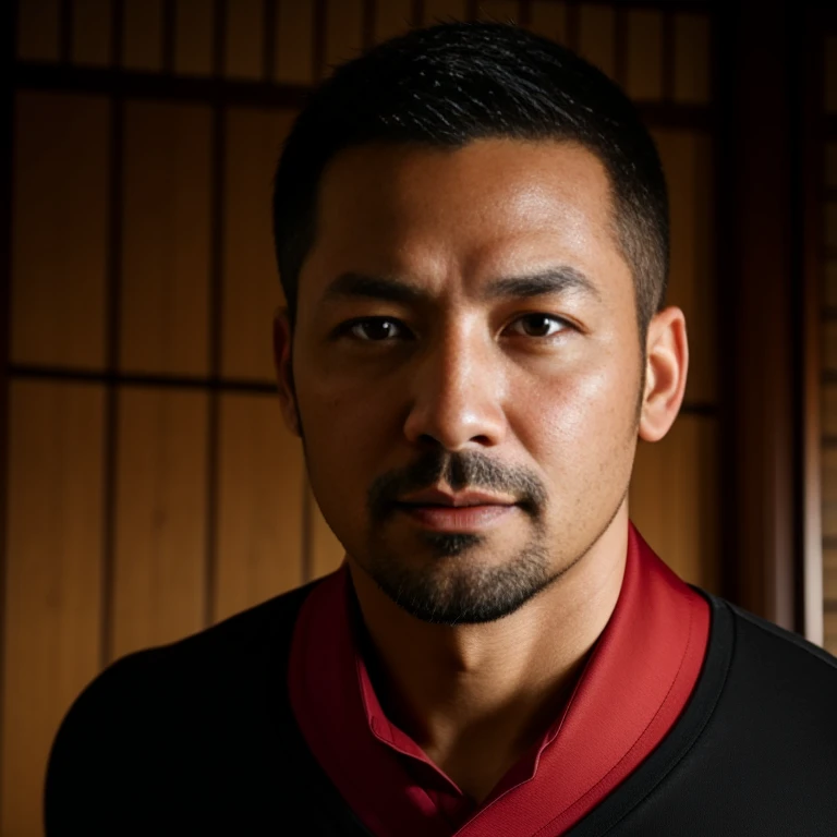 40 years old, men,、Black Shirt、Red tie、Hot Dojo　、logic, Gay,Very short hair　,Japanese Face,、　Stubble、　Upper body close-up、Seen from below