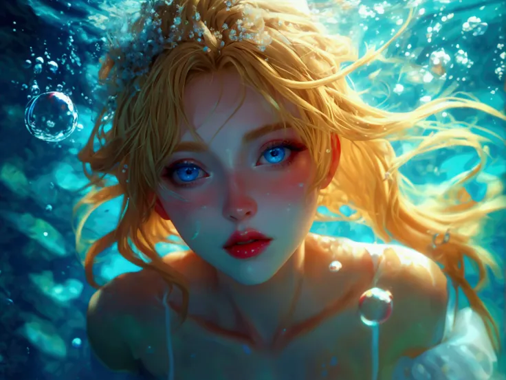 ((Blonde woman)), perfect face, blue eyes, with red may, lips closed , diving, deep underwater, bubble, break, Blue tons,