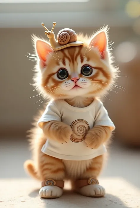 Cute brown kitten,Stand on hind legs、Cute for women、snail headband、White T-shirt with snail shell swirl pattern、Cute snail design baby pants、Snail Shoes、masterpiece, Blurred Background, smile, Please open your mouth a little......, Alive、8k