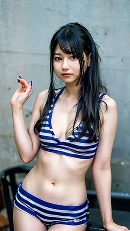 asian woman in her fifties taking a photo wearing a bikini and striped shorts, young slim gravure idol, young and beautiful grav...