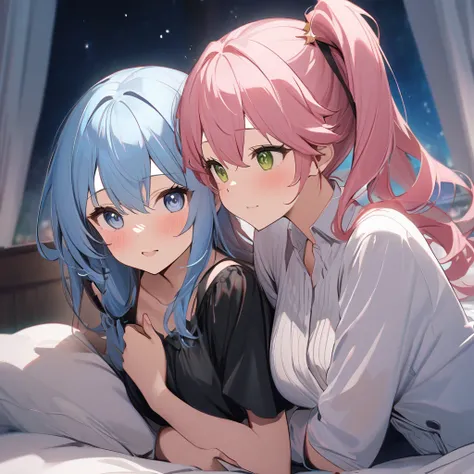 high quality、Two Girls, ((Star Town Suisei、Light blue hair、blue eyes、Side Ponytail))、((Sakura Miko、Pink Hair、Green Eyes))、bed、Lie down、Embarrassed、negligee、Embrace each other、Whole body image