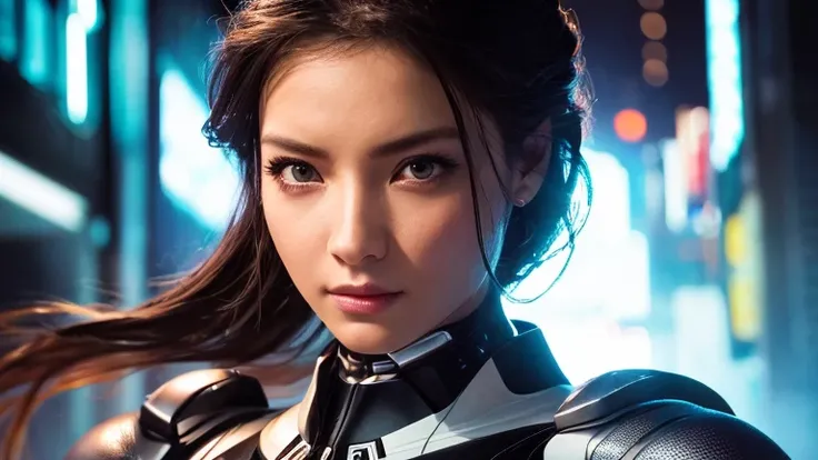 Highly detailed portrait of one sexy woman in a futuristic city, Wearing a black and white mechanical suit,Her left eye is a cybernetic prosthetic.、 Ride a black full-cowl futuristic motorcycle bike, Under high lighting, (Best Quality,4K,8k,High resolution...