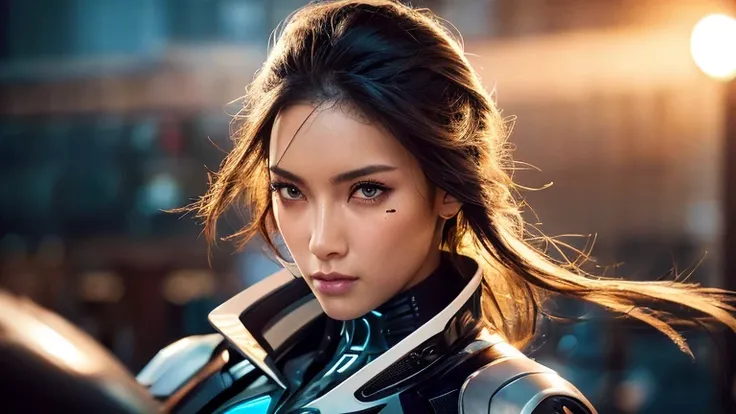 Highly detailed portrait of one sexy woman in a futuristic city, Wearing a black and white mechanical suit,Her left eye is a cybernetic prosthetic.、 Ride a black full-cowl futuristic motorcycle bike, Under high lighting, (Best Quality,4K,8k,High resolution...