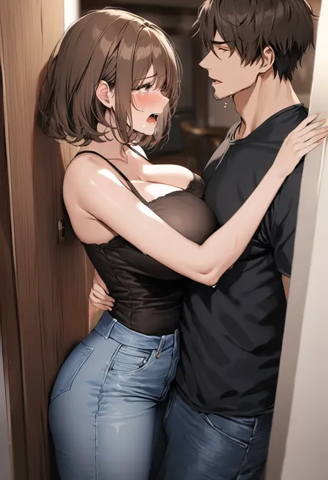 ((Best Quality)), ((masterpiece)), (detailed), (One woman, one man, facing each other), Sexy, height１６８A housewife with black hair and huge breasts, 100cm bust, Mature Woman, (((Brown hair short cut))), Mature Woman, A mother with watery eyes, A tired look...