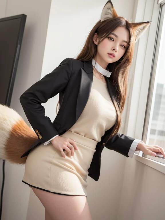 ((Best Quality, 8k)), ((masterpiece)), (Highest Resolution), Perfect Face, Woman with fox ears, Woman with a tail, Beautiful woman, She is a company employee, It was taken in the company office, Only one tail, She has thick thighs, Her big fox tail, I can ...