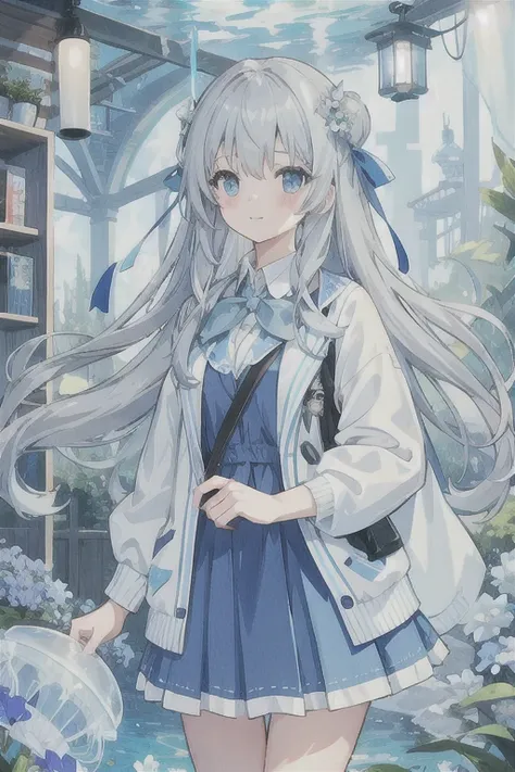 Gray hair、Very long hair, light blue left eye、Gray right eye, loose fitting blouse, light blue cardigan, light blue skirt, gray ribbon on collar, young girl, cute, docile, in underwater station, jellyfish, light blue flowers, blurred foreground, best quali...